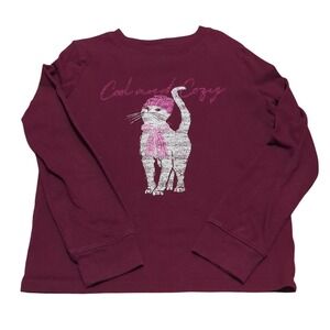 Thereabouts Girls Maroon Red Cool and Cozy Cat Long Sleeve Graphic Tee Shirt 7-8